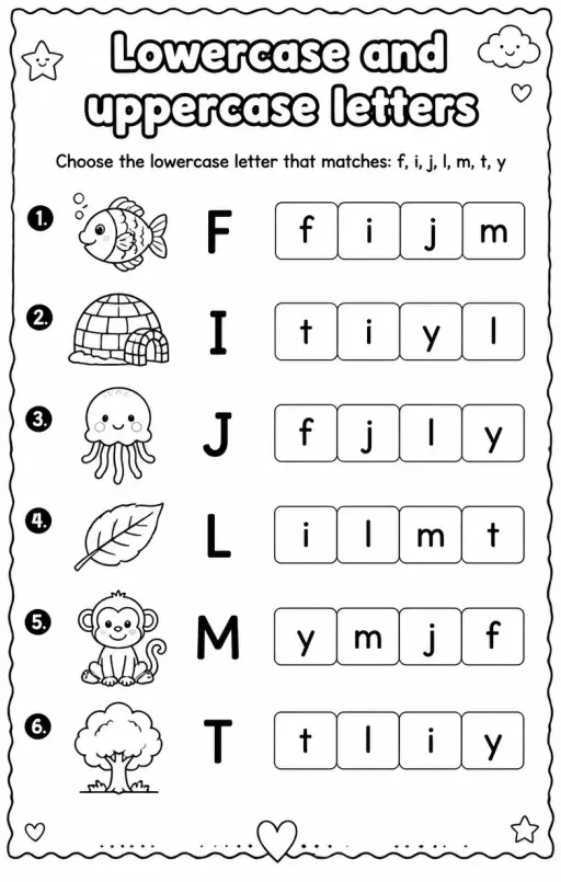 Choose the lowercase letter that matches: f, i, j, l, m, t, y