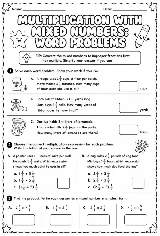Multiplication with mixed numbers: word problems
