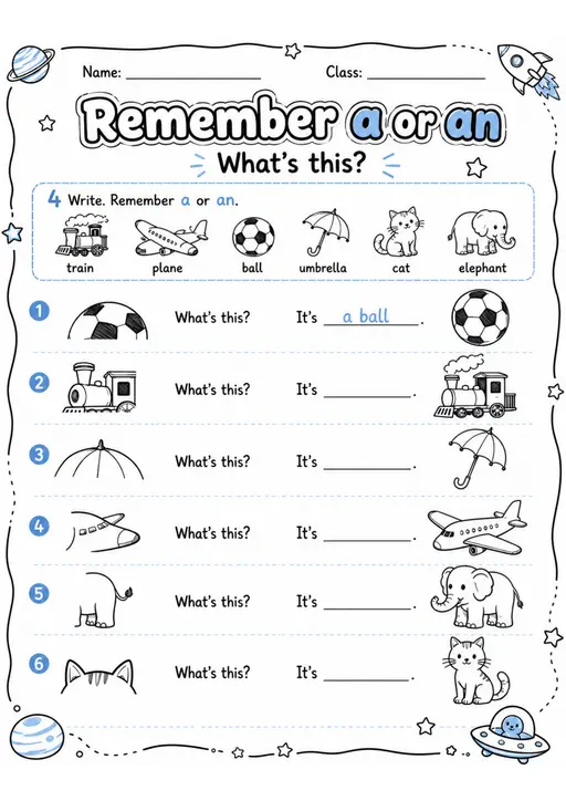 A or An Object Naming Practice | Grade 1 Grammar Worksheet