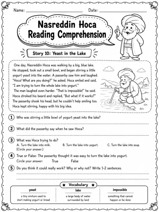 Nasreddin Hoca Reading Comprehension: Yeast in the Lake