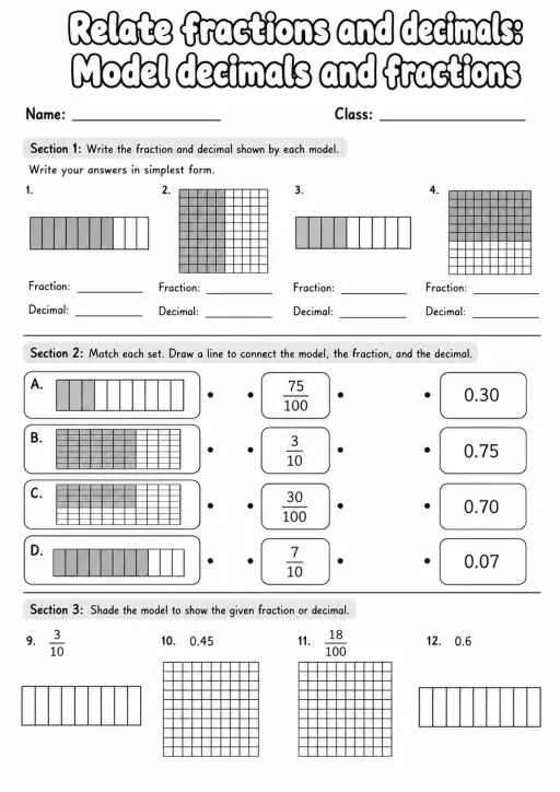 Grade 4 Relate Fractions And Decimals Math Worksheet Pack