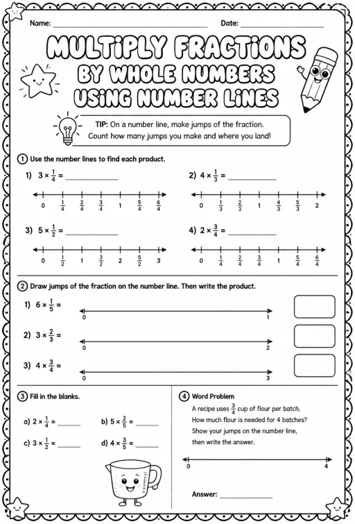 Multiply fractions by whole numbers using number lines