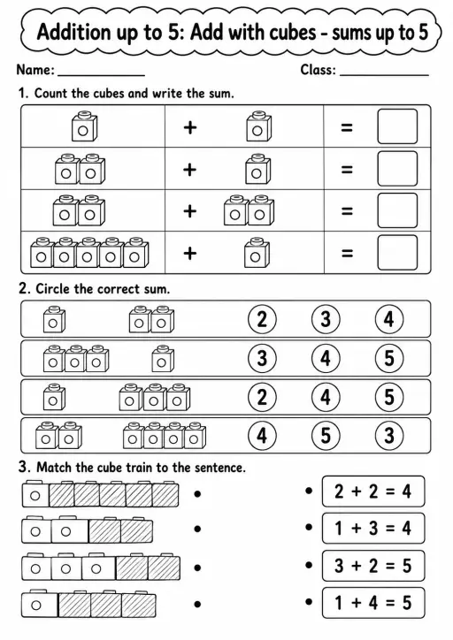 Kindergarten Addition up to 5 Math Worksheet Pack