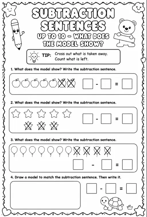 Subtraction sentences up to 10 - what does the model show?