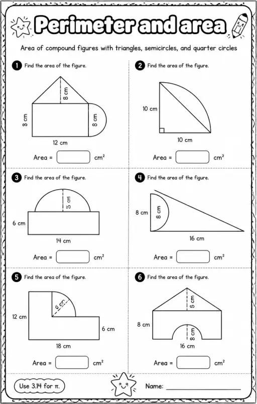 Area of compound figures with triangles, semicircles, and quarter circles