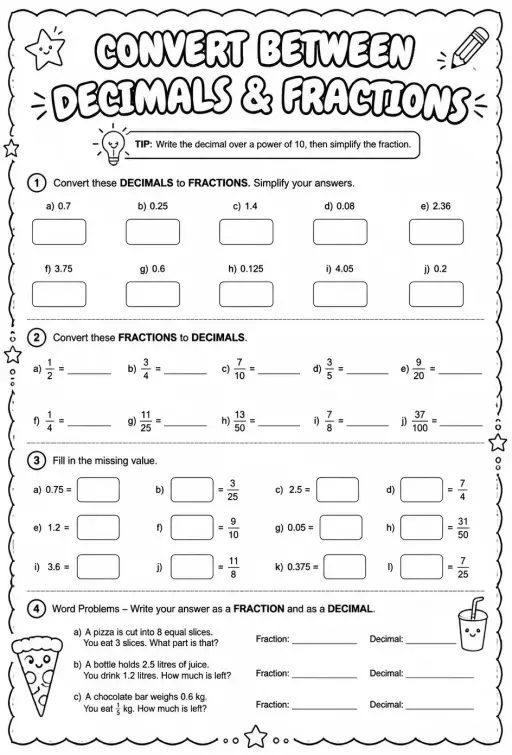 Convert between decimals and fractions