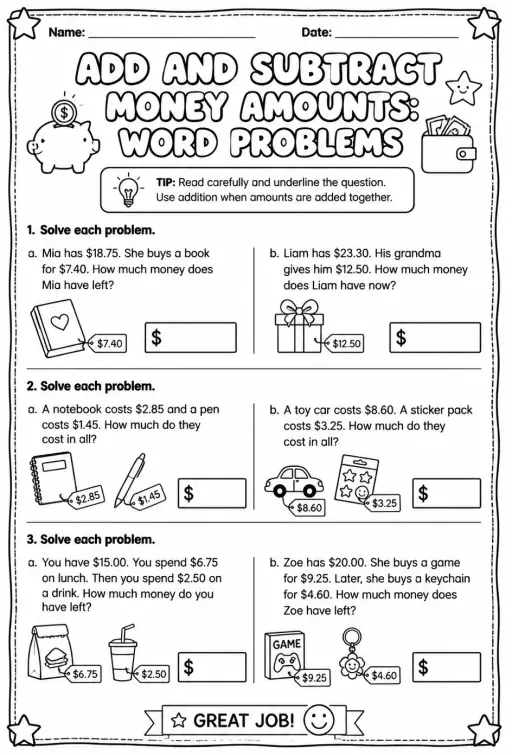 Add and subtract money amounts: word problems