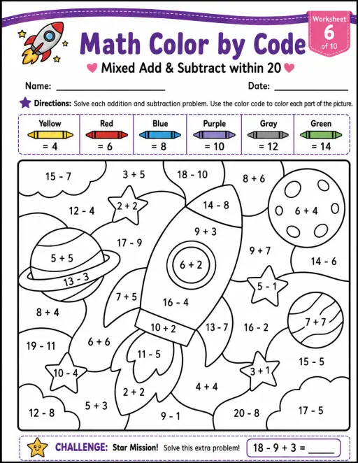 Math Color by Code: Mixed Add & Subtract within 20: Worksheet 6