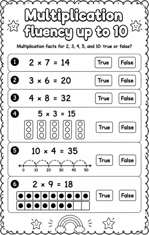 Multiplication facts for 2, 3, 4, 5, and 10: true or false?