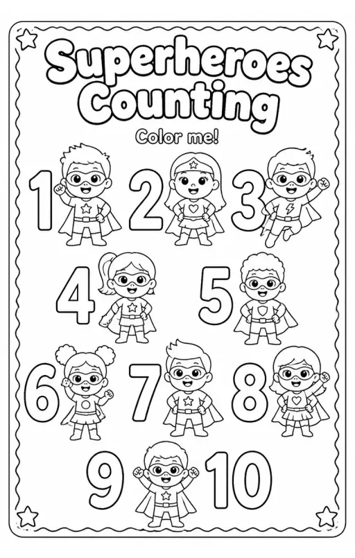 Superheroes Counting Coloring Page