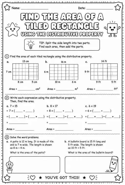 Find the area of a tiled rectangle using the distributive property
