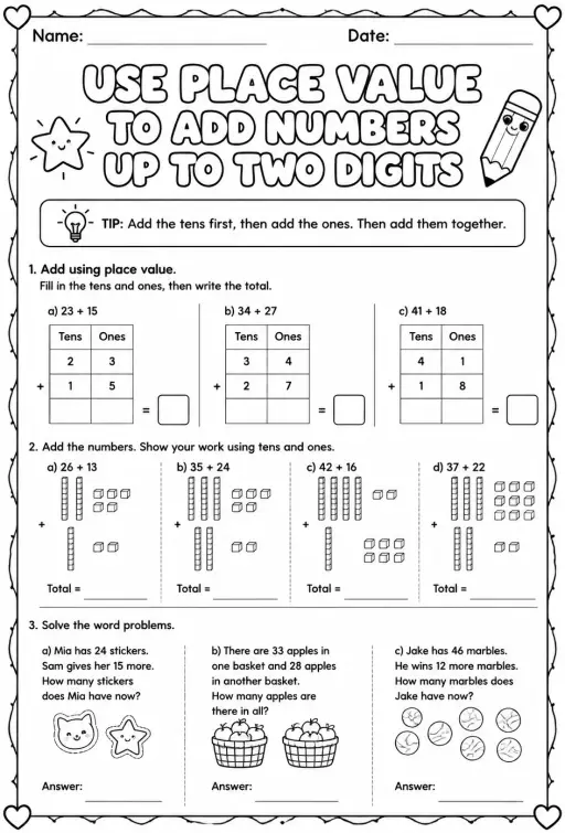 Use place value to add numbers up to two digits