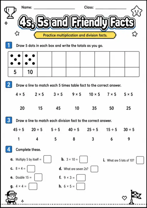 4s, 5s and Friendly Facts - Grade 3 Math Worksheet