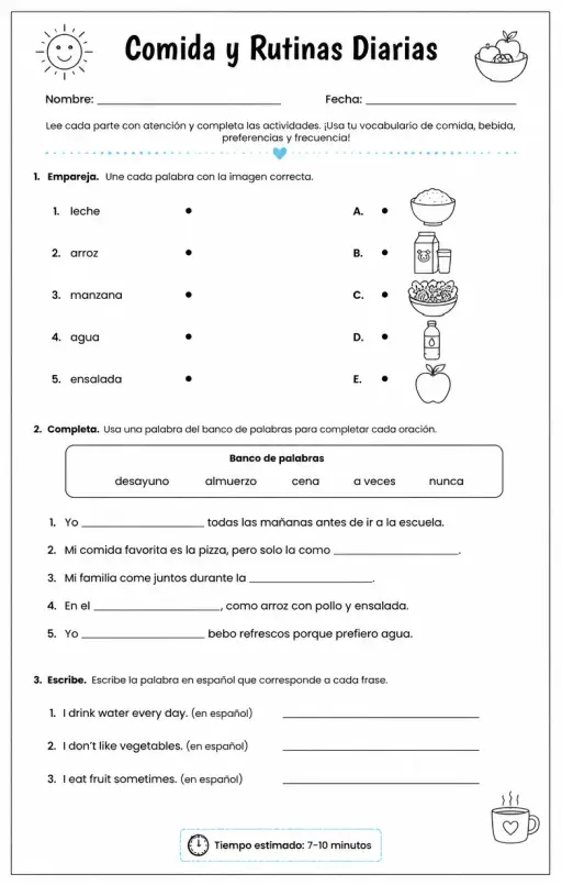 Usar vocabulario de comida, bebida, preferencias y frecuencia en contexto.