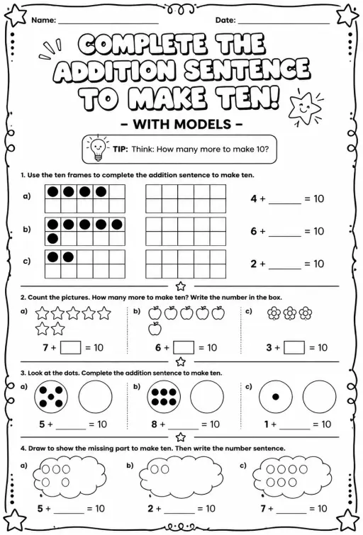 Complete the addition sentence to make ten - with models