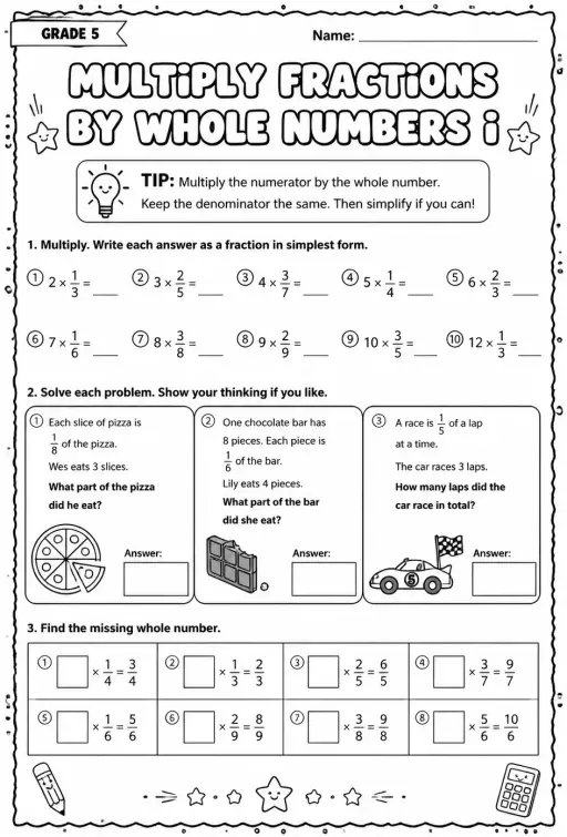 Multiply fractions by whole numbers I