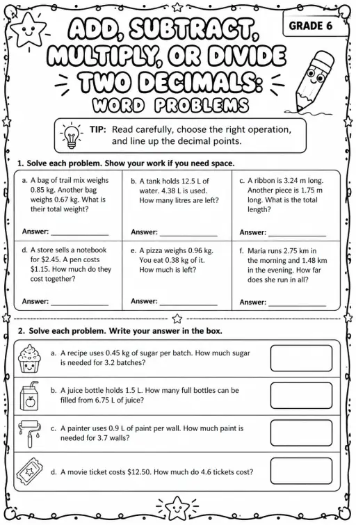 Add, subtract, multiply, or divide two decimals: word problems