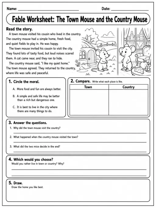 Fable Worksheet: The Town Mouse and the Country Mouse