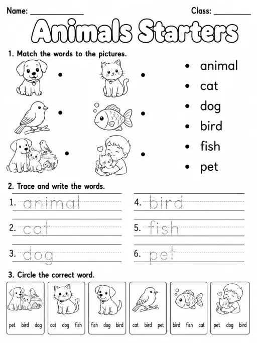 Animals Starters Vocabulary Worksheet Pack