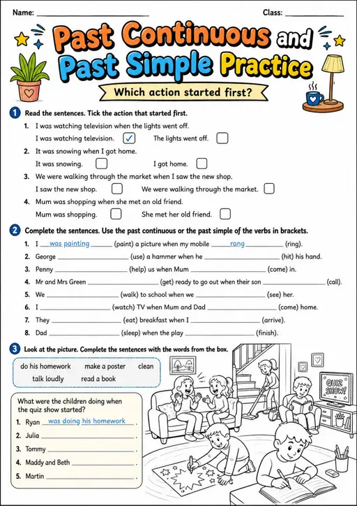 Past Continuous And Past Simple Practice | Grade 5 Grammar Worksheet