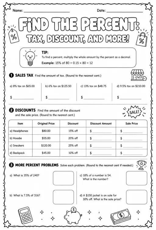Find the percent: tax, discount, and more