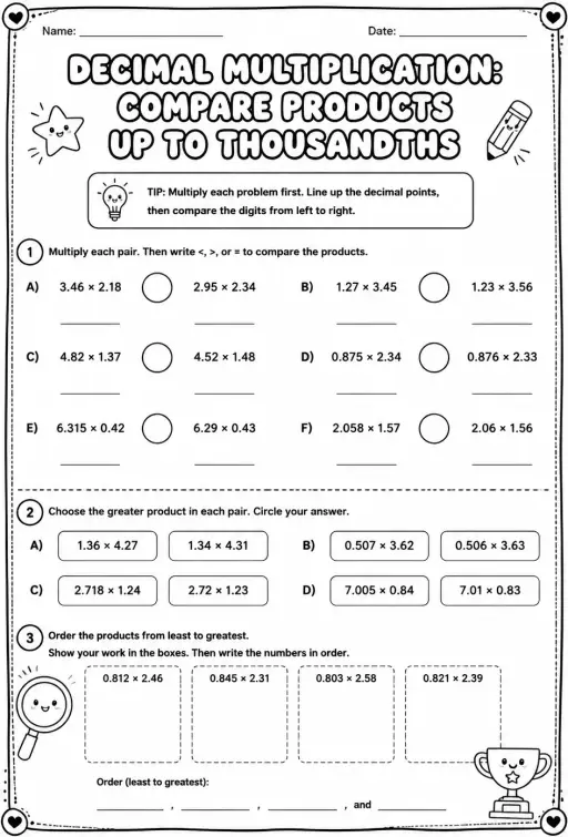 Decimal multiplication: compare products up to thousandths