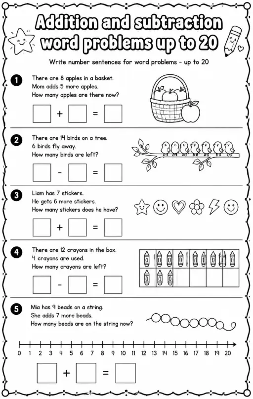 Write number sentences for word problems - up to 20