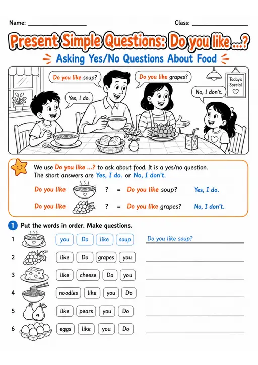 Do You Like Food? Question Word Order | Grade 1 Grammar Worksheet