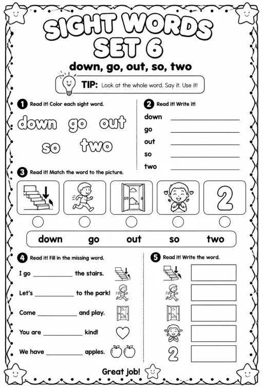 Read sight words set 6: down, go, out, so, two
