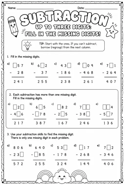 Subtraction up to three digits: fill in the missing digits