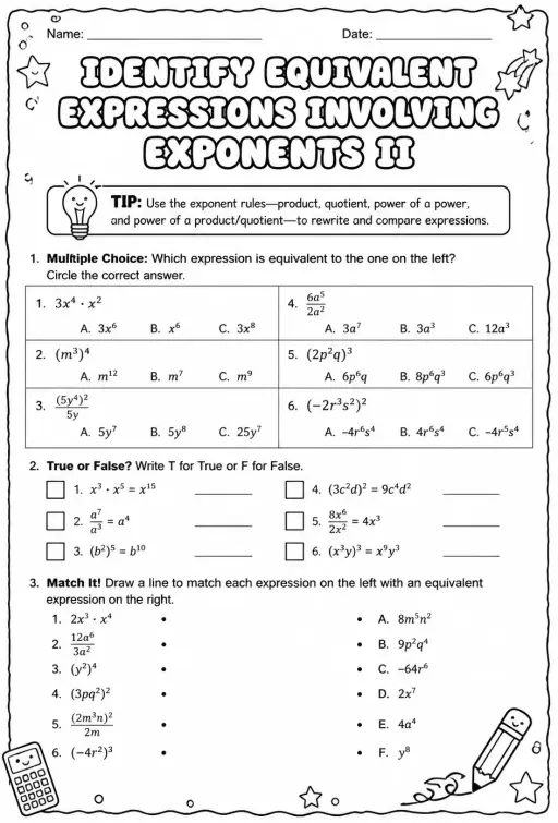 Identify equivalent expressions involving exponents II