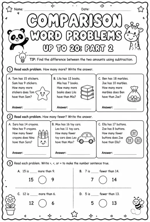 Comparison word problems up to 20: part 2
