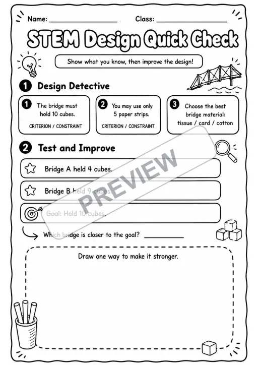 STEM Design Quick Check Worksheet | Engineering Design | Grades 2-5