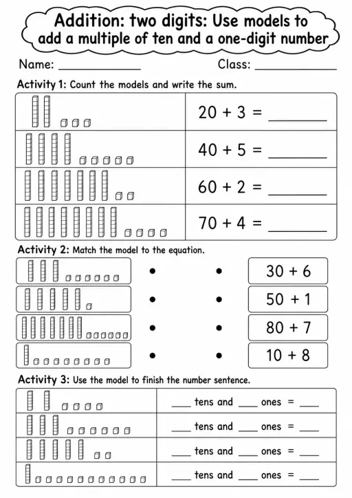 Grade 1 Addition: Two Digits Math Worksheet Pack