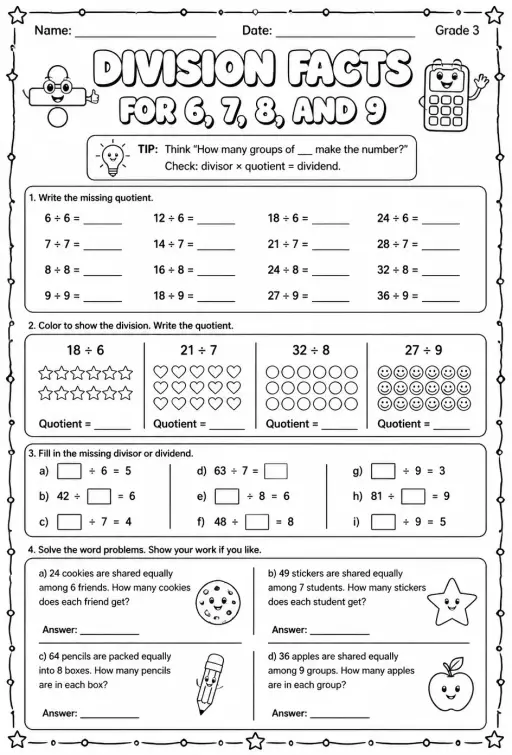 Division facts for 6, 7, 8, and 9