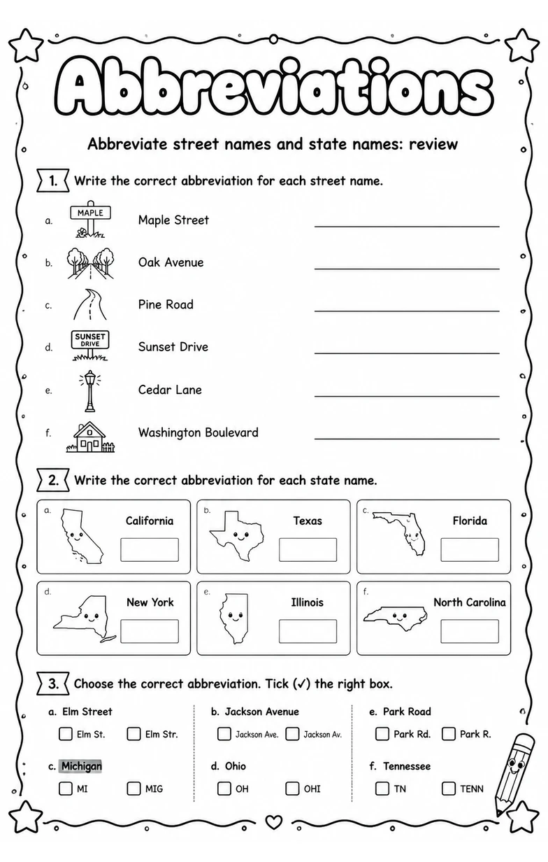 Abbreviate street names and state names: review