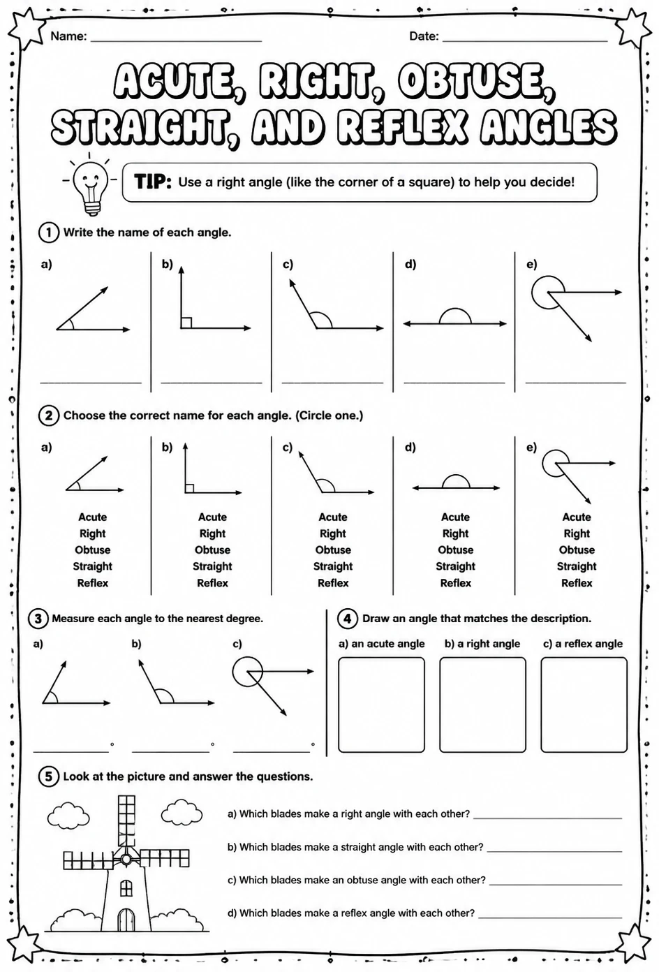 Acute, right, obtuse, straight, and reflex angles