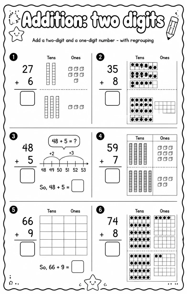 Add a two-digit and a one-digit number - with regrouping