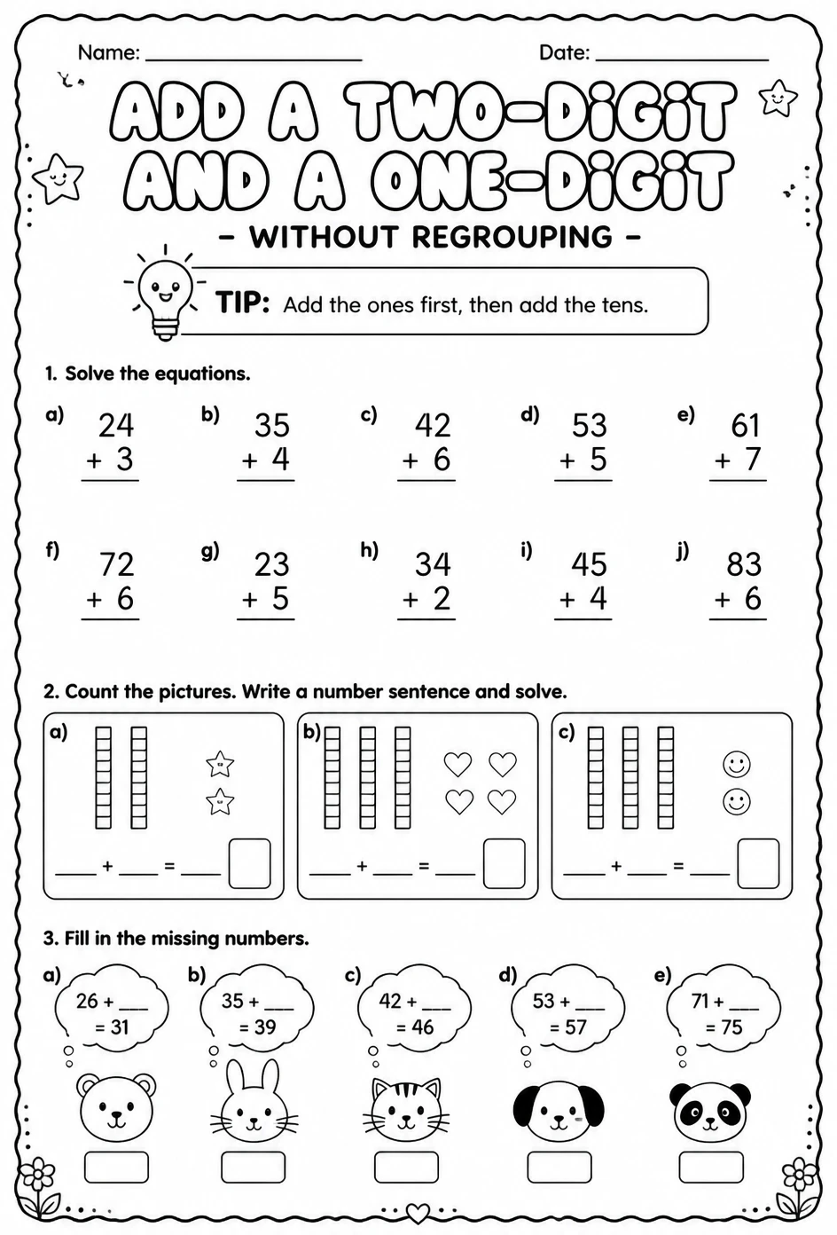 Add a two-digit and a one-digit number - without regrouping