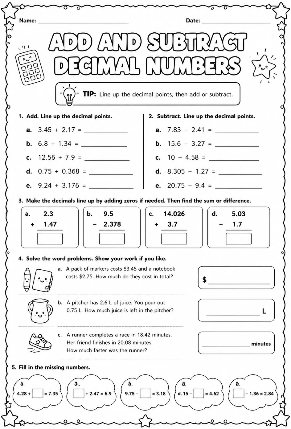 Add and subtract decimal numbers