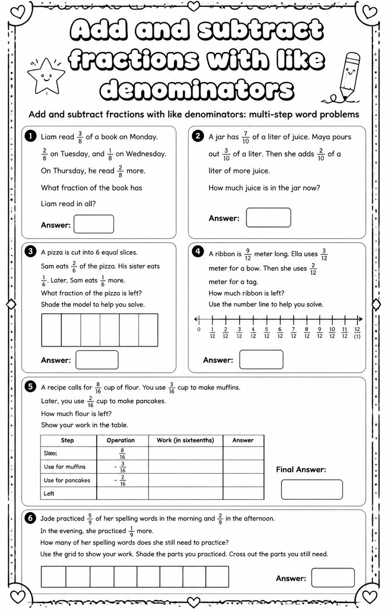 Add and subtract fractions with like denominators: multi-step word problems