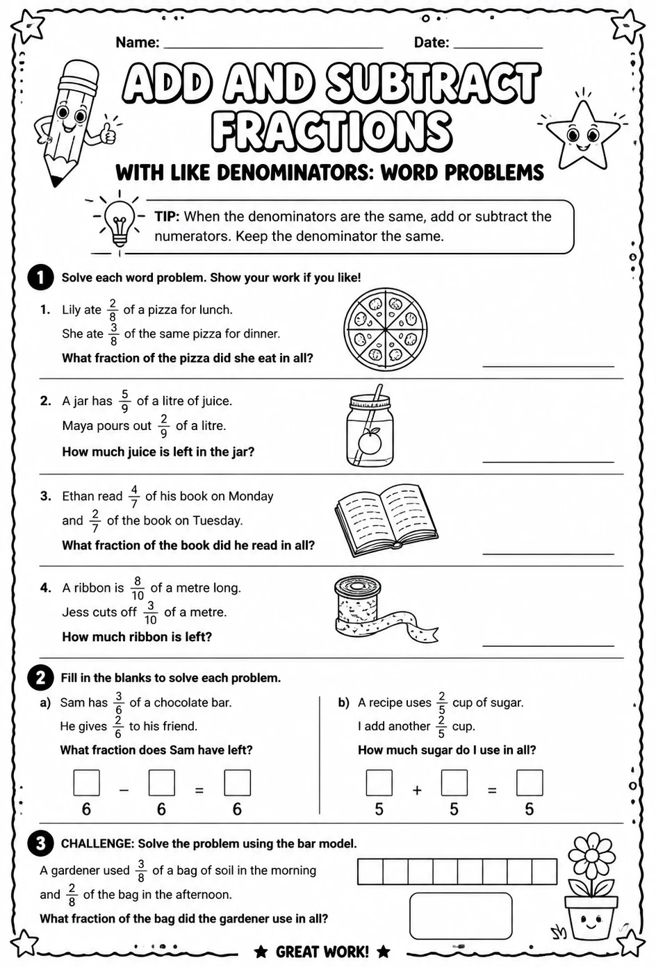 Add and subtract fractions with like denominators: word problems