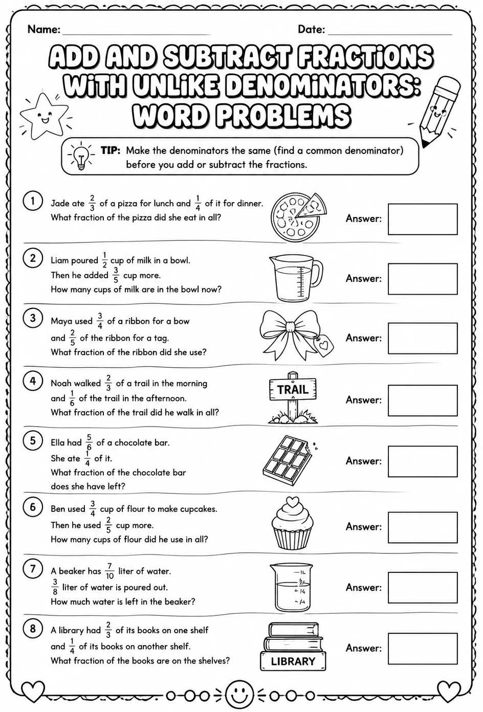 Add and subtract fractions with unlike denominators: word problems