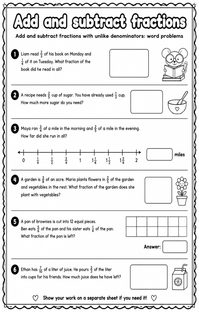 Add and subtract fractions with unlike denominators: word problems