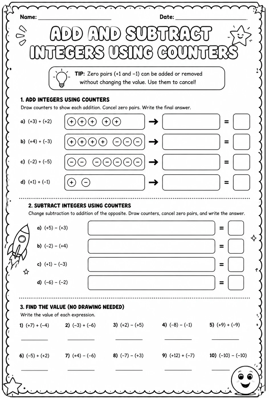 Add and subtract integers using counters