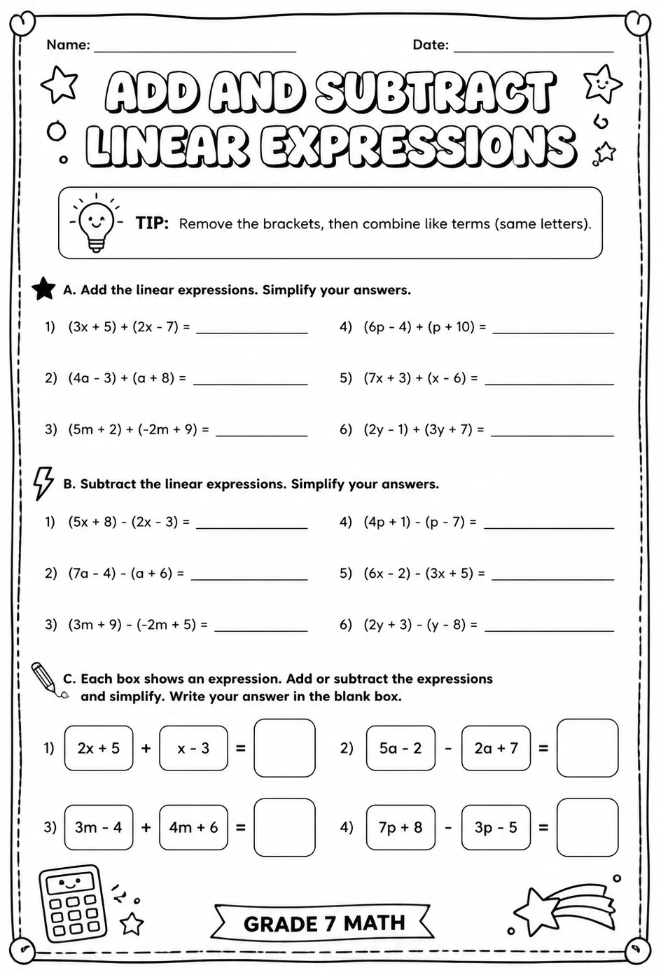 Add and subtract linear expressions