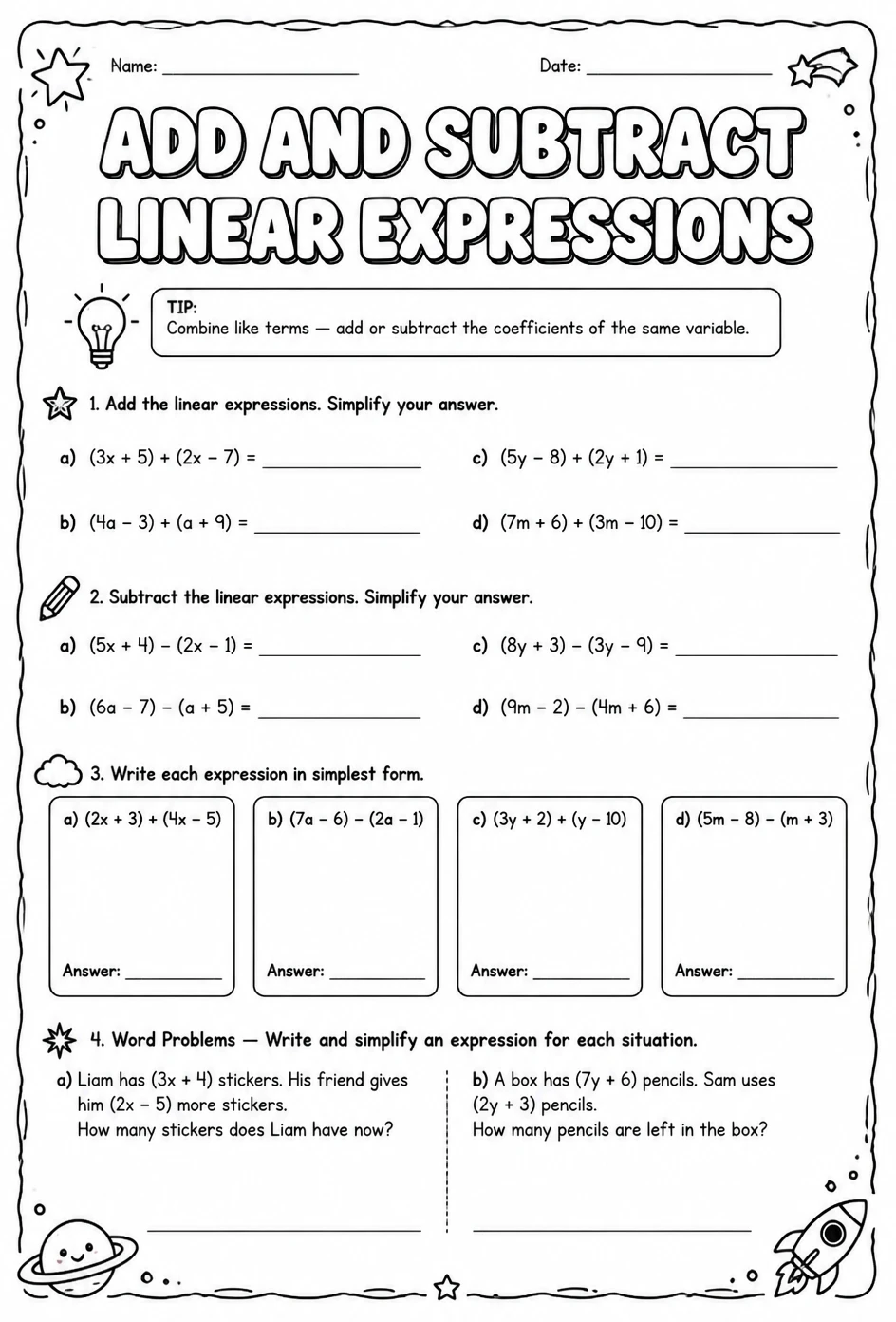 Add and subtract linear expressions
