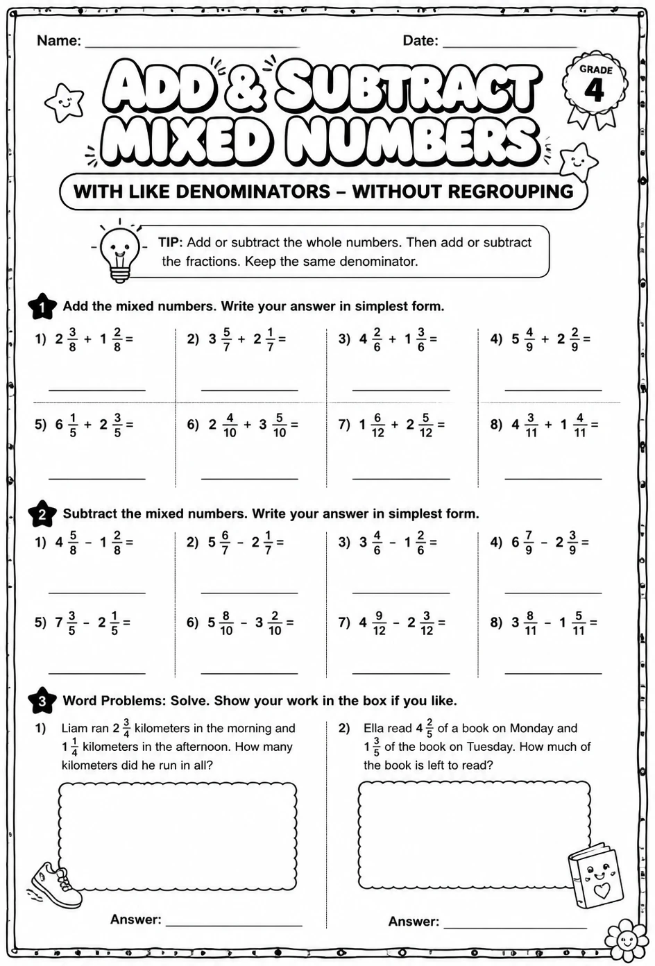 Add and subtract mixed numbers with like denominators - without regrouping
