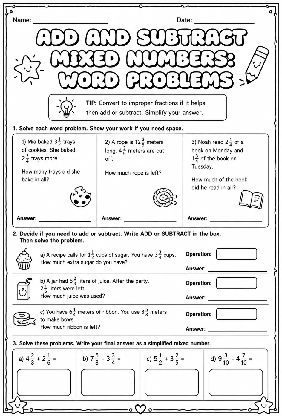 Add and subtract mixed numbers: word problems