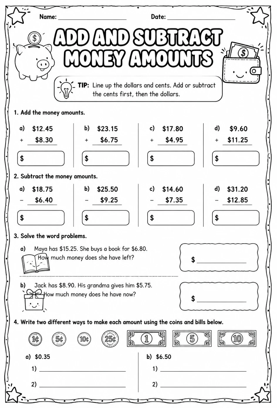 Add and subtract money amounts